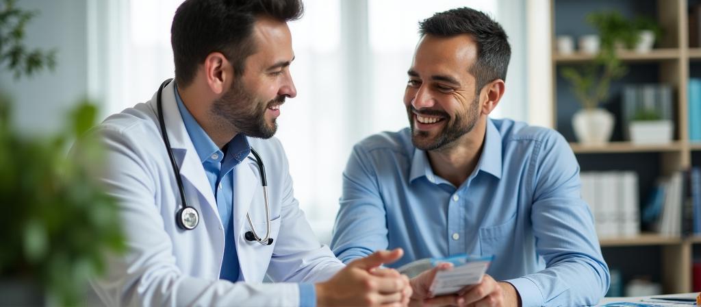 Médico especialista en consulta de prostatitis con paciente en clínica privada