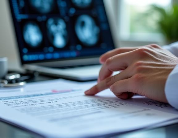 Médico revisando historial clínico y resultados de pruebas para segunda opinión